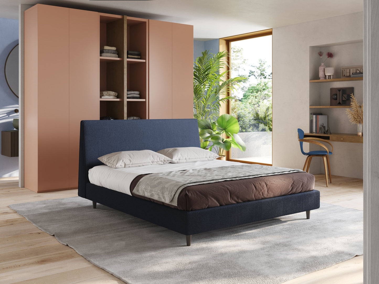 Dorotea letto imbottito con piedi in legno in morbido bouclé impermeabile T07 blu 