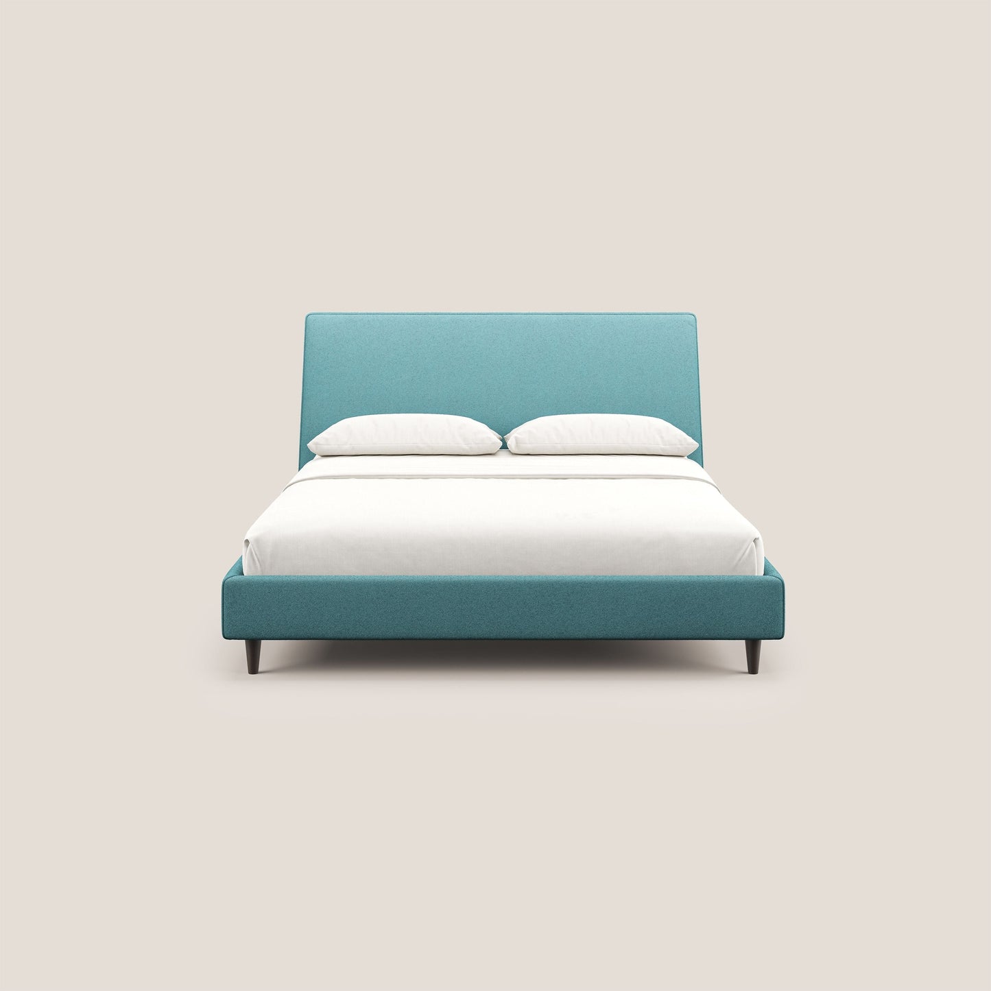 Dorotea letto imbottito con piedi in legno in morbido bouclé impermeabile T07 azzurro 