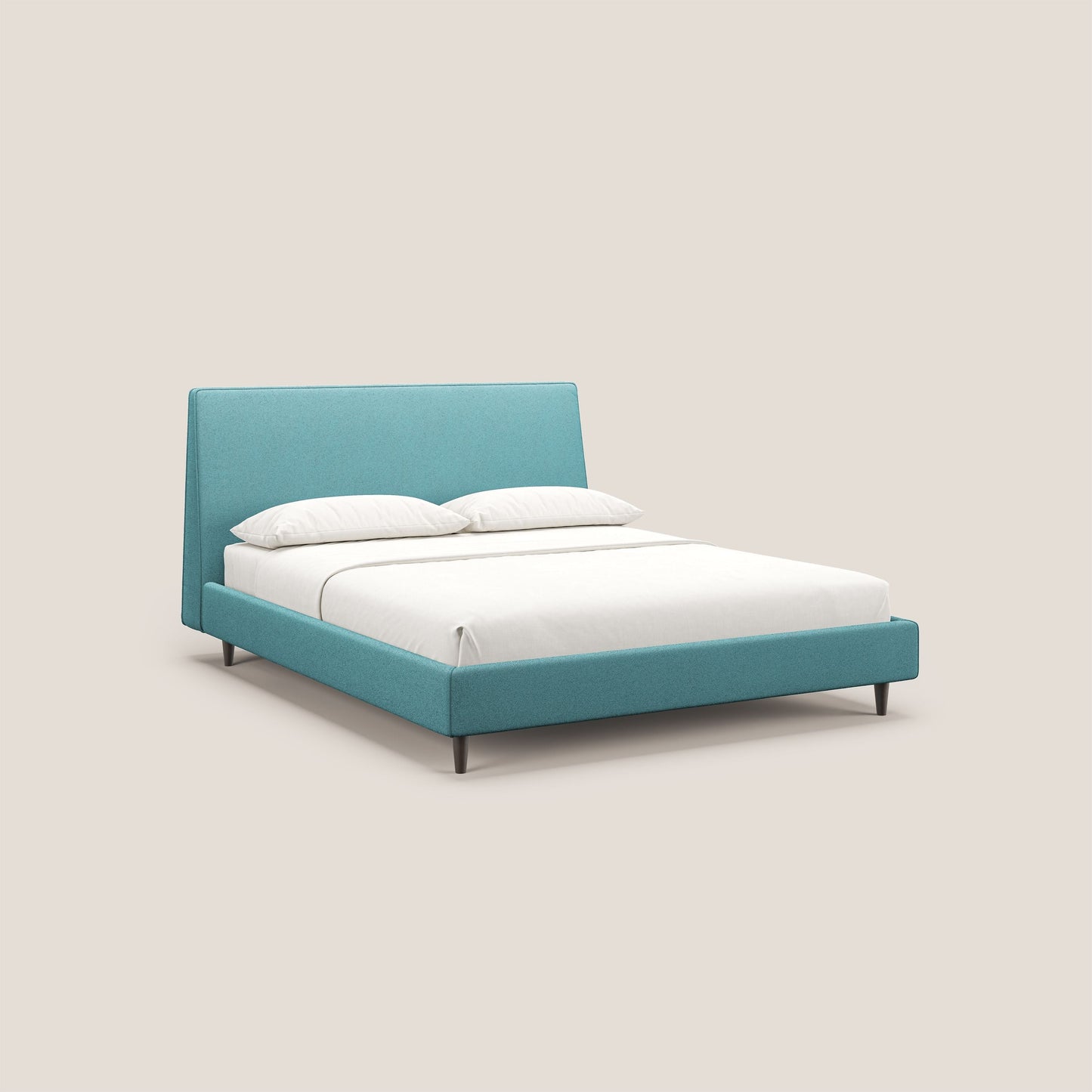 Dorotea letto imbottito con piedi in legno in morbido bouclé impermeabile T07 azzurro 