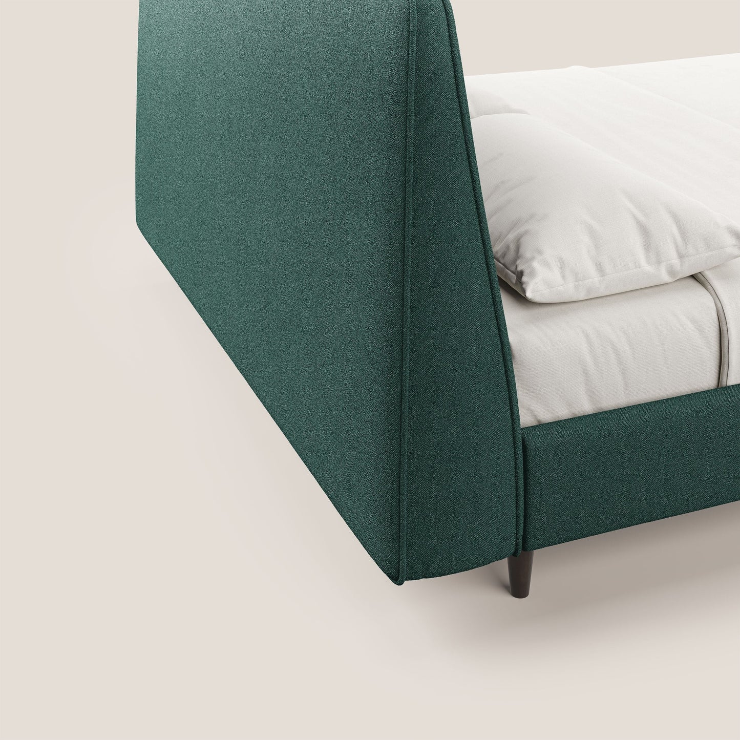 Dorotea letto imbottito con piedi in legno in morbido bouclé impermeabile T07 verde 