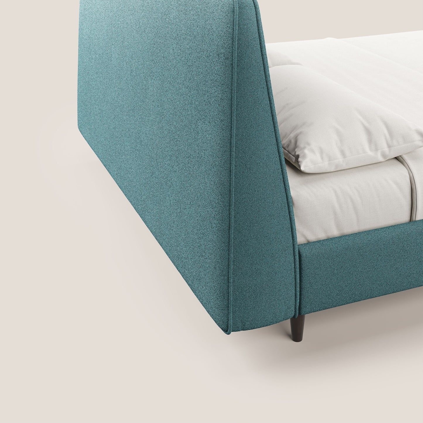 Dorotea letto imbottito con piedi in legno in morbido bouclé impermeabile T07 azzurro 