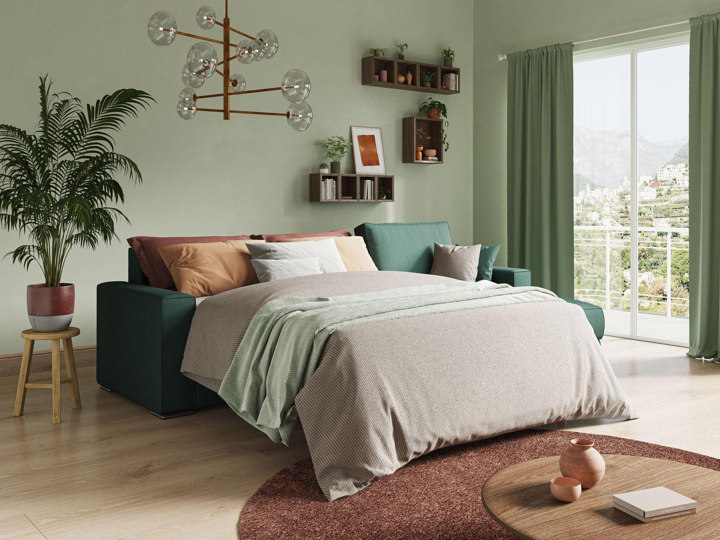 Dream Divano letto angolare in tessuto smacchiabile T05 verde 