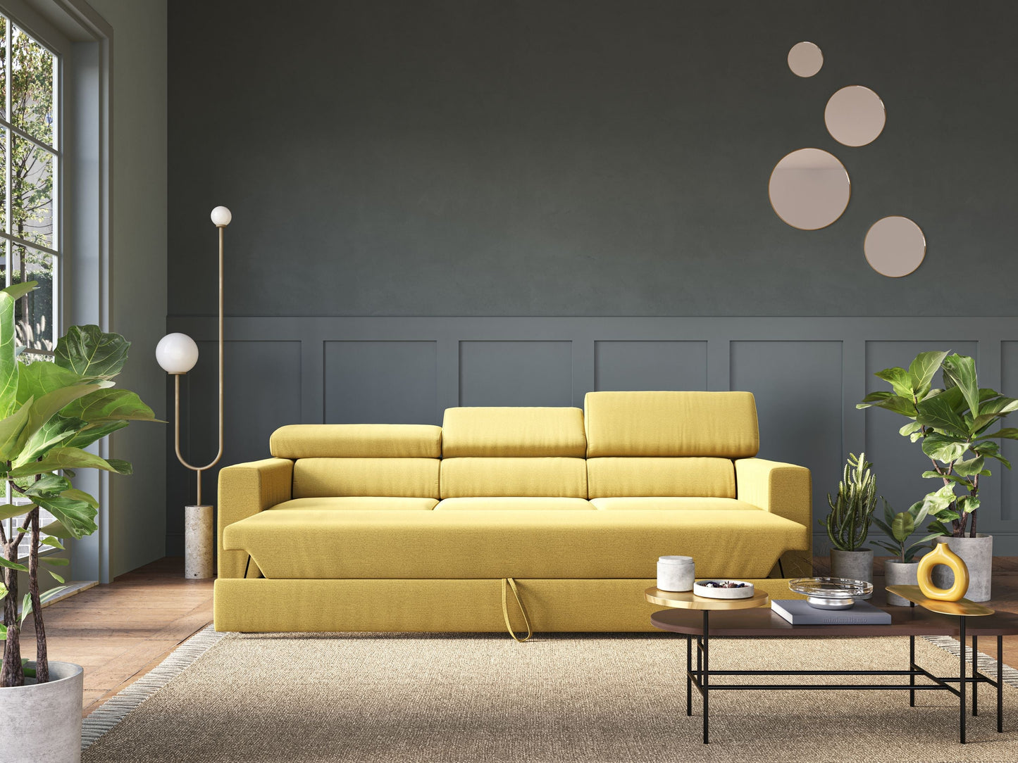 Dylan divano a 3 sedute con pouf estraibile poggiapiedi in tessuto fiammato simil cotone impermeabile T19 giallo