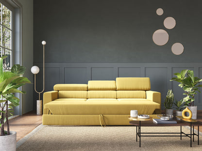 Dylan divano a 3 sedute con pouf estraibile poggiapiedi in tessuto fiammato simil cotone impermeabile T19 giallo