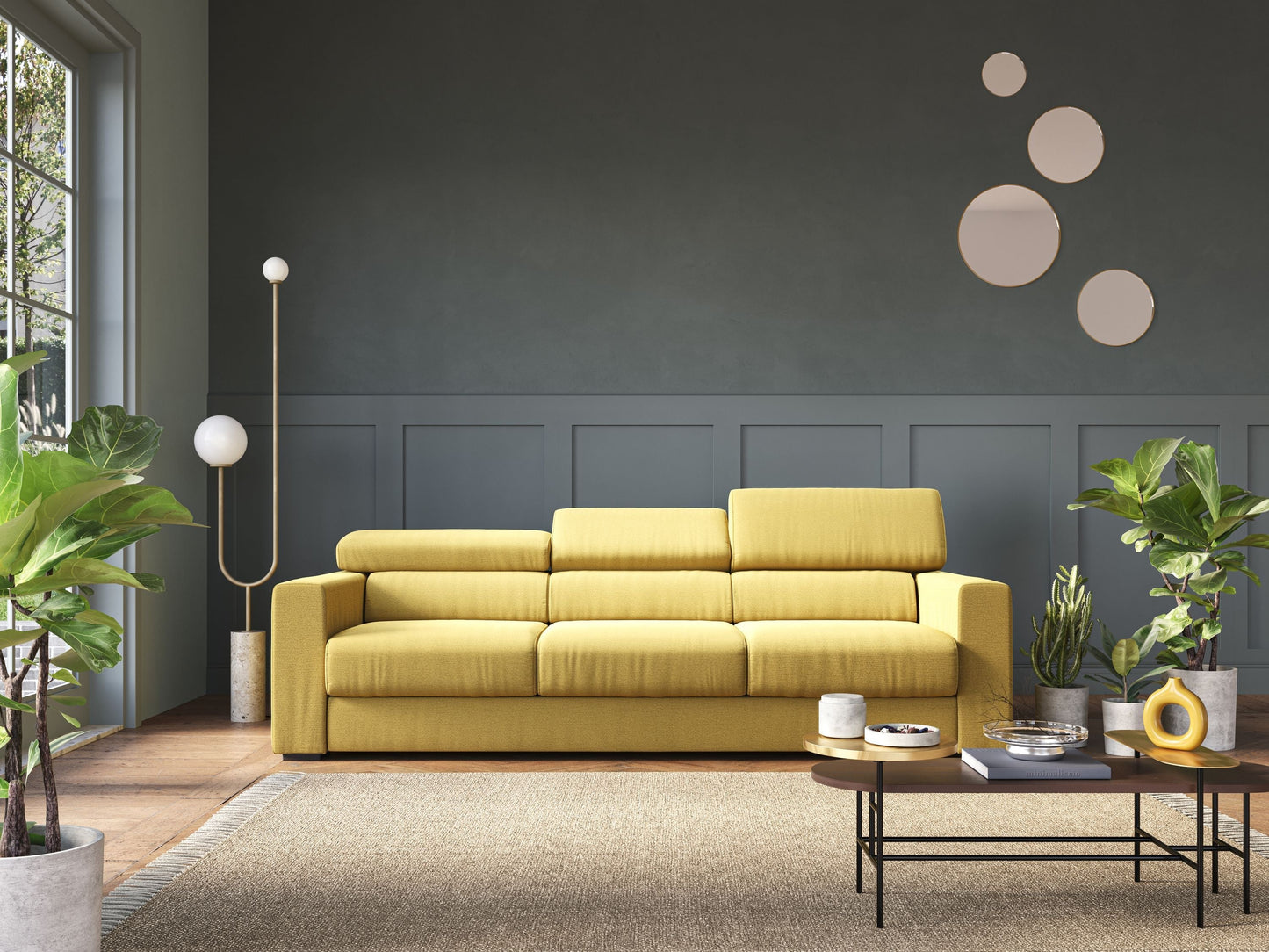 Dylan divano a 3 sedute con pouf estraibile poggiapiedi in tessuto fiammato simil cotone impermeabile T19 giallo