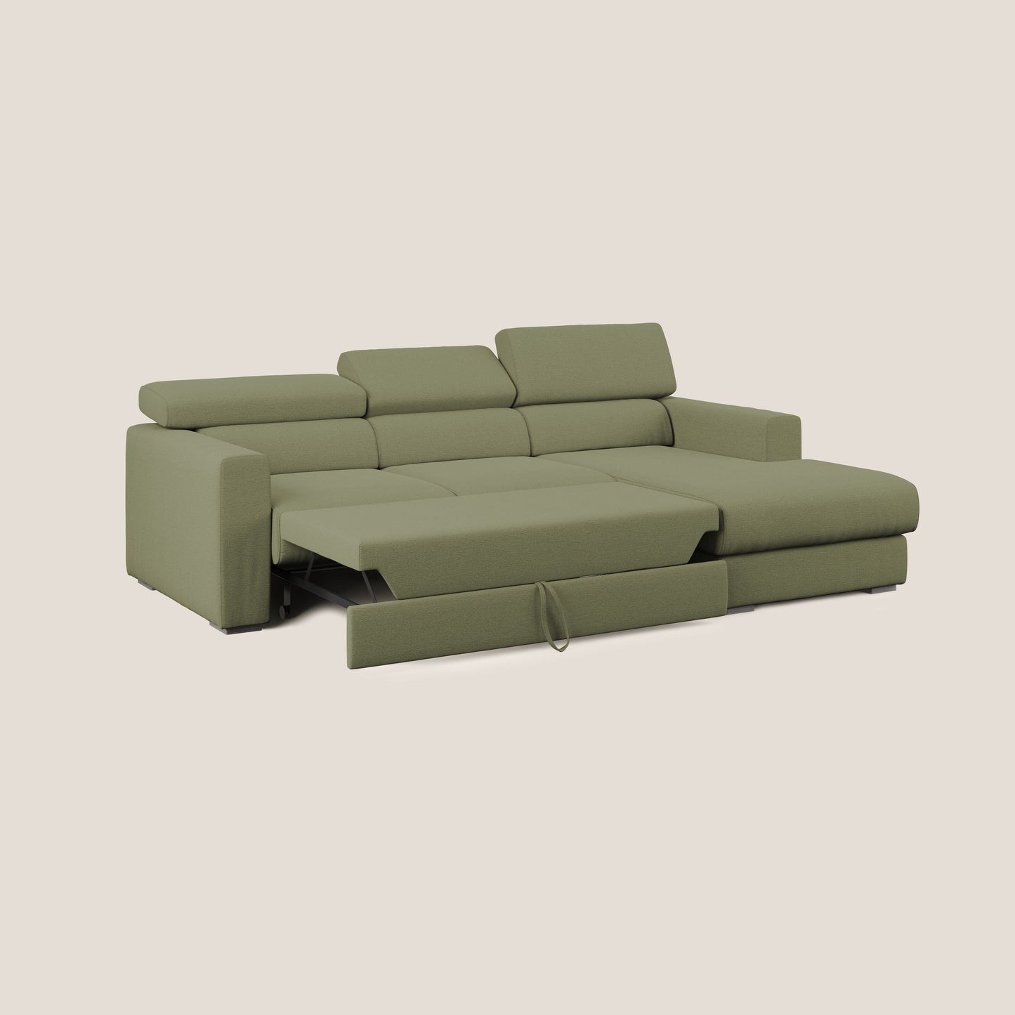 Dylan divano angolare con estraibile a cassettone in tessuto fiammato simil cotone impermeabile T19 verde 