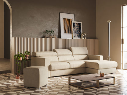 Dylan divano angolare con pouf estraibile poggiapiedi in tessuto simil cotone impermeabile T13 beige