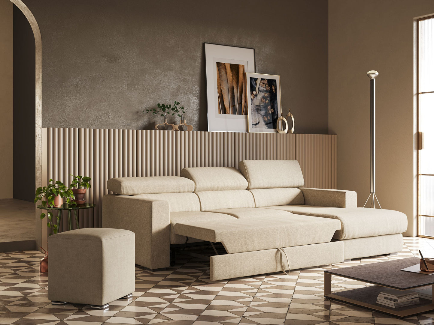 Dylan divano angolare con pouf estraibile poggiapiedi in tessuto simil cotone impermeabile T13 beige