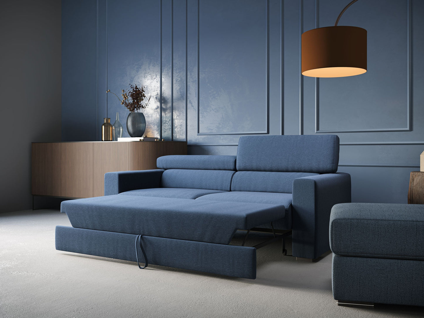 Dylan divano allungabile con pouf estraibile poggiapiedi in tessuto simil cotone impermeabile T13 azzurro