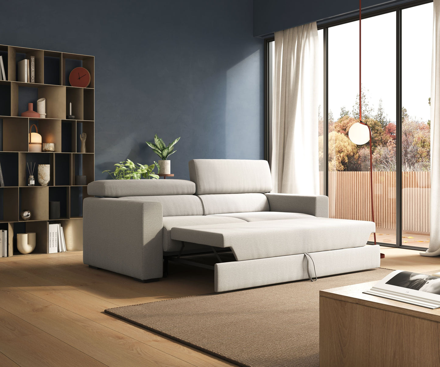 Dylan divano allungabile con pouf estraibile poggiapiedi in tessuto fiammato simil cotone impermeabile T19 grigio