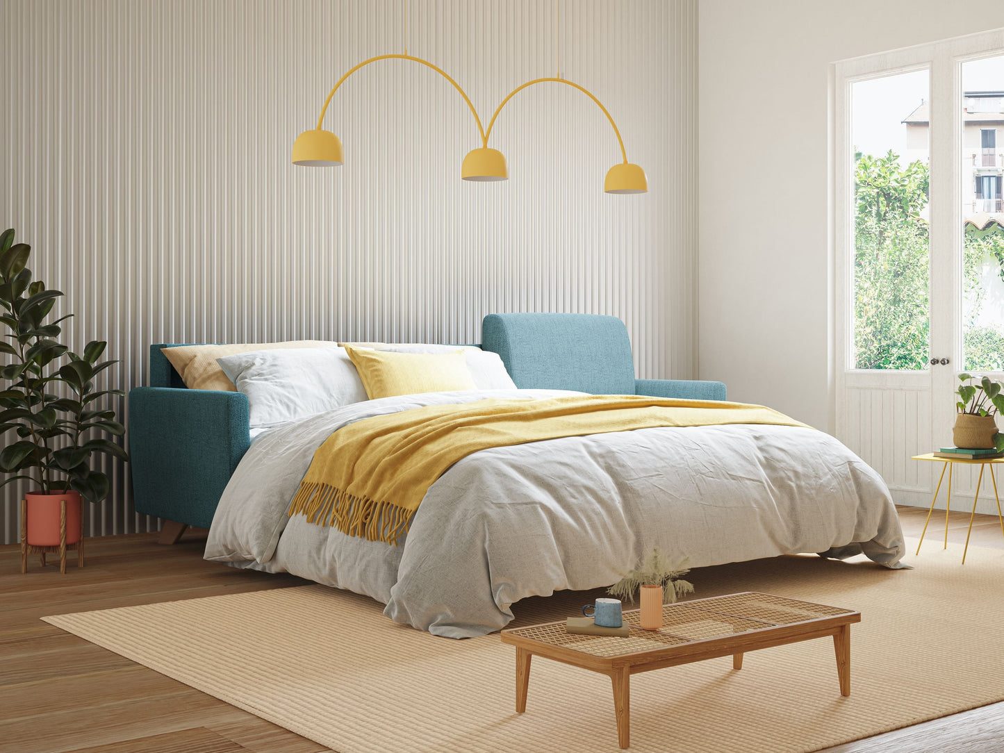 Edgar divano letto angolare 243 cm sinistro (mat. 120x197) con RETE A DOGHE in tessuto felis impermeabile T03 giallo