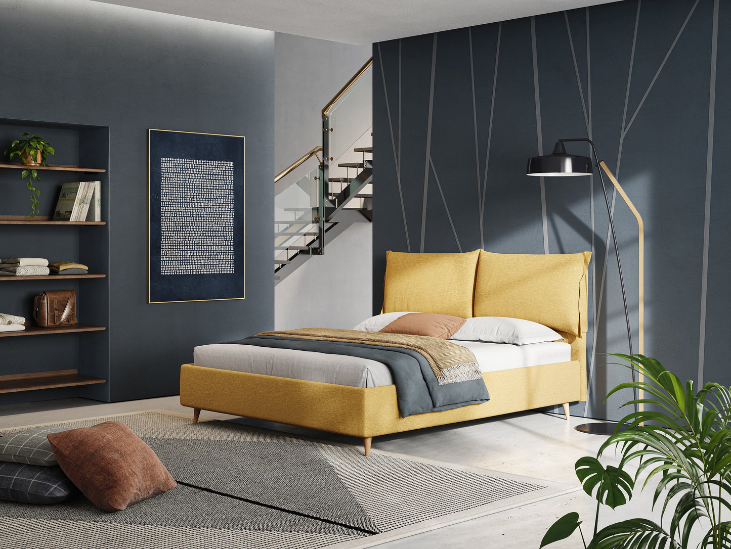 Elettra letto contenitore imbottito e sfoderabile con cuscini testata in tessuto impermeabile T13 giallo 