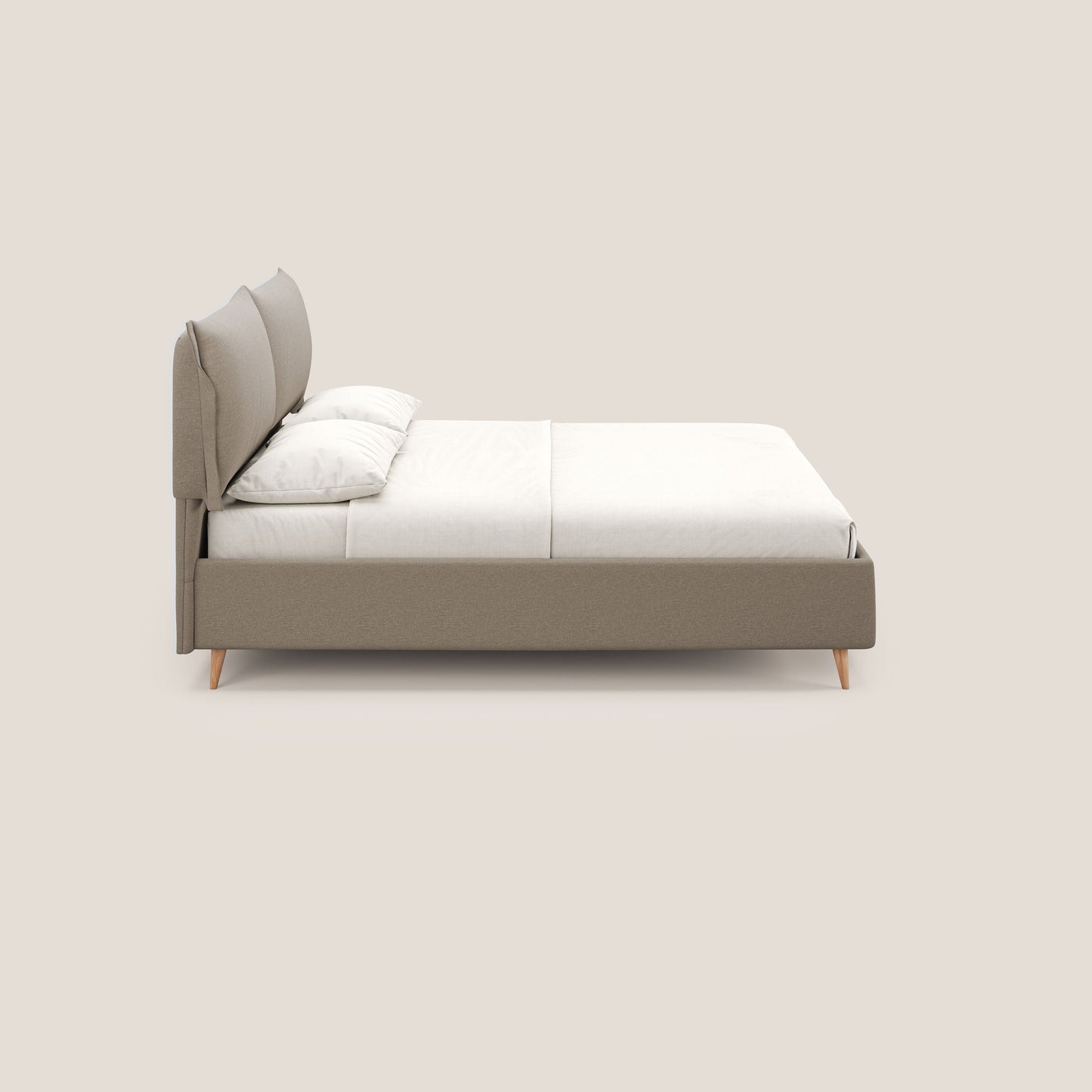 Elettra letto contenitore imbottito e sfoderabile con cuscini testata in tessuto impermeabile T13 beige 