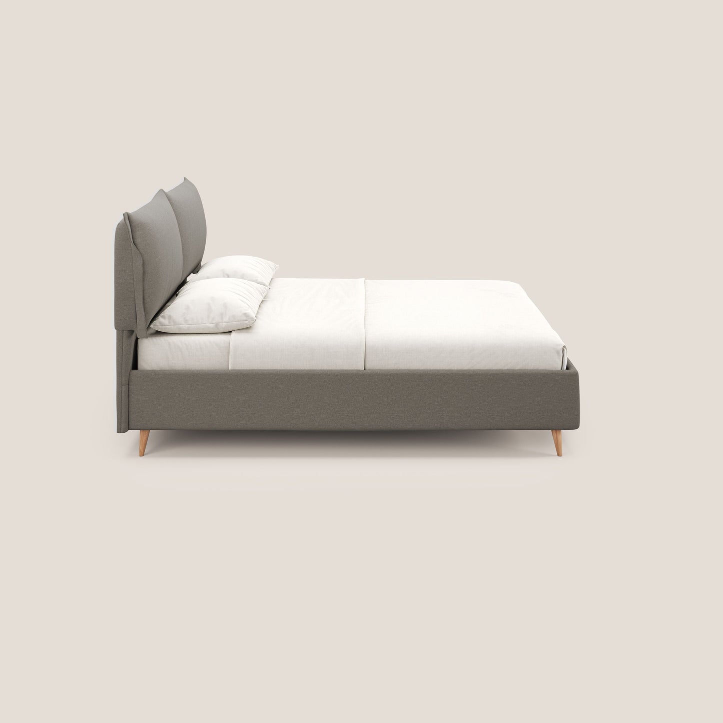 Elettra letto contenitore imbottito e sfoderabile con cuscini testata in tessuto impermeabile T13 tortora 