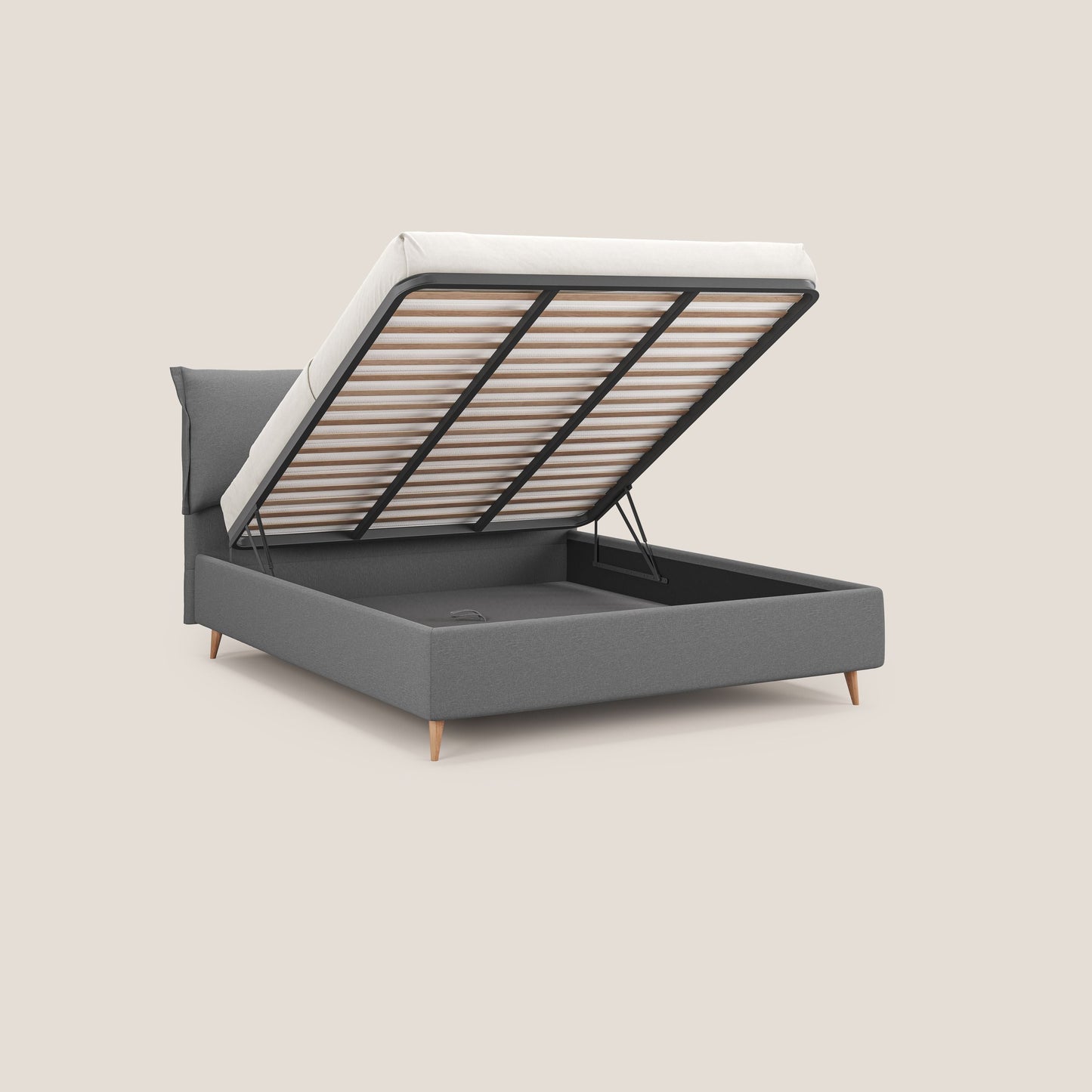 Elettra letto contenitore imbottito e sfoderabile con cuscini testata in tessuto impermeabile T13 grigio 