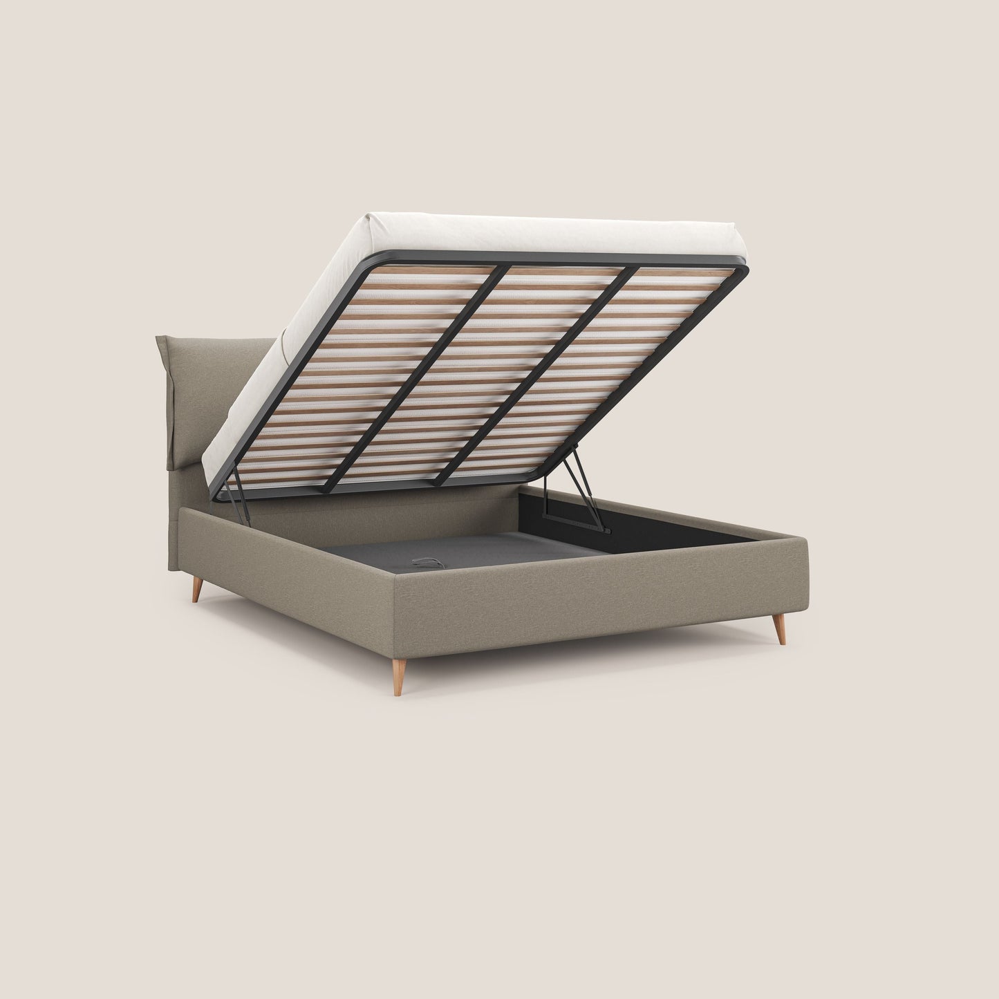 Elettra letto contenitore imbottito e sfoderabile con cuscini testata in tessuto impermeabile T13 panna 