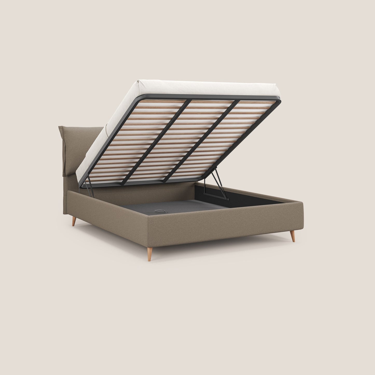 Elettra letto contenitore imbottito e sfoderabile con cuscini testata in tessuto impermeabile T13 beige 