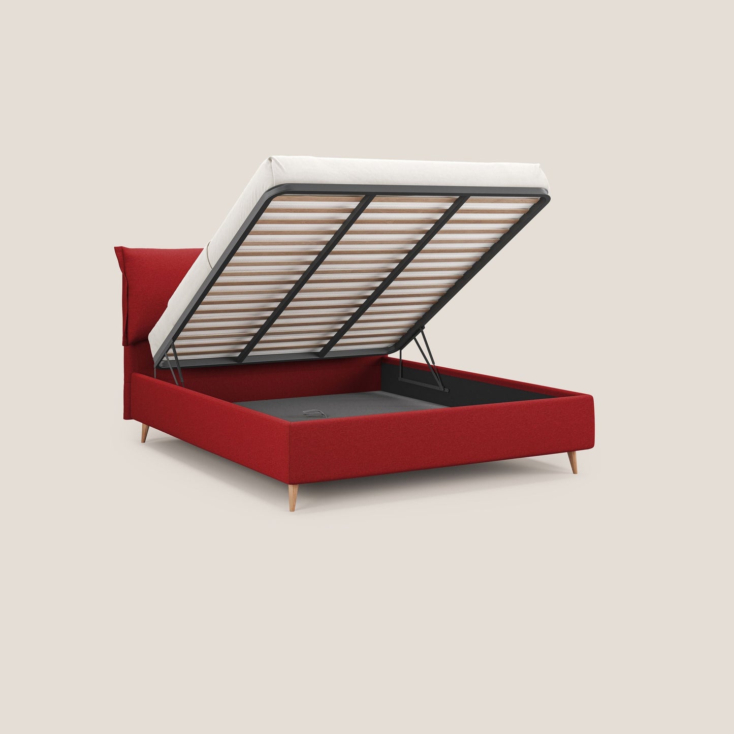 Elettra letto contenitore imbottito e sfoderabile con cuscini testata in tessuto impermeabile T13 rosso 