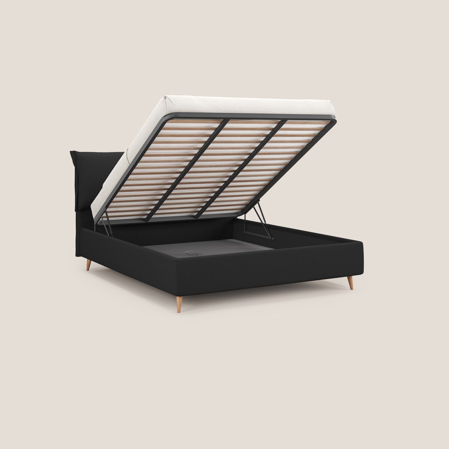 Elettra letto contenitore imbottito e sfoderabile con cuscini testata in tessuto impermeabile T13 antracite 