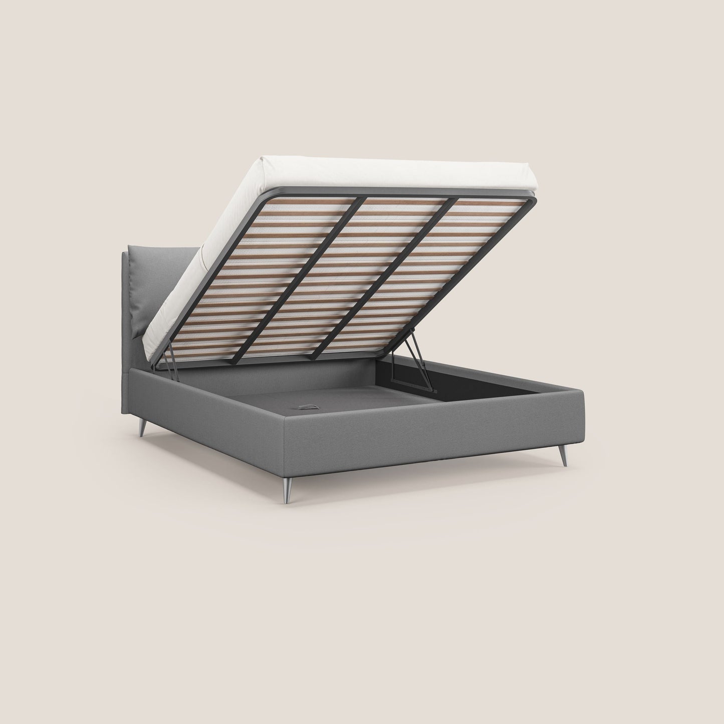 Elsa letto imbottito con vano contenitore in tessuto smacchiabile T05 grigio 
