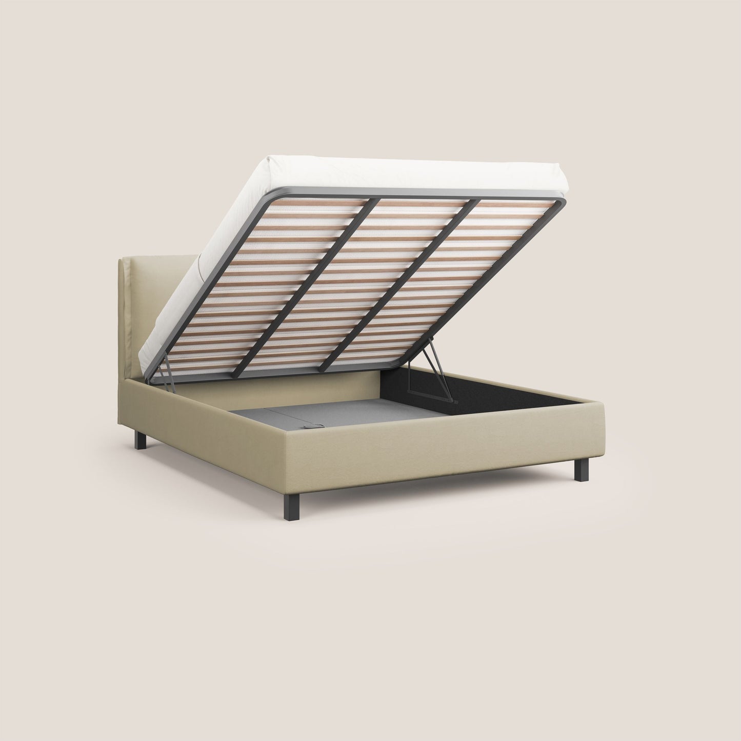 Emma letto contenitore con RETE MASTER per materasso 160x190 cm con cuscini mobili in microfibra smacchiabile T11 panna 