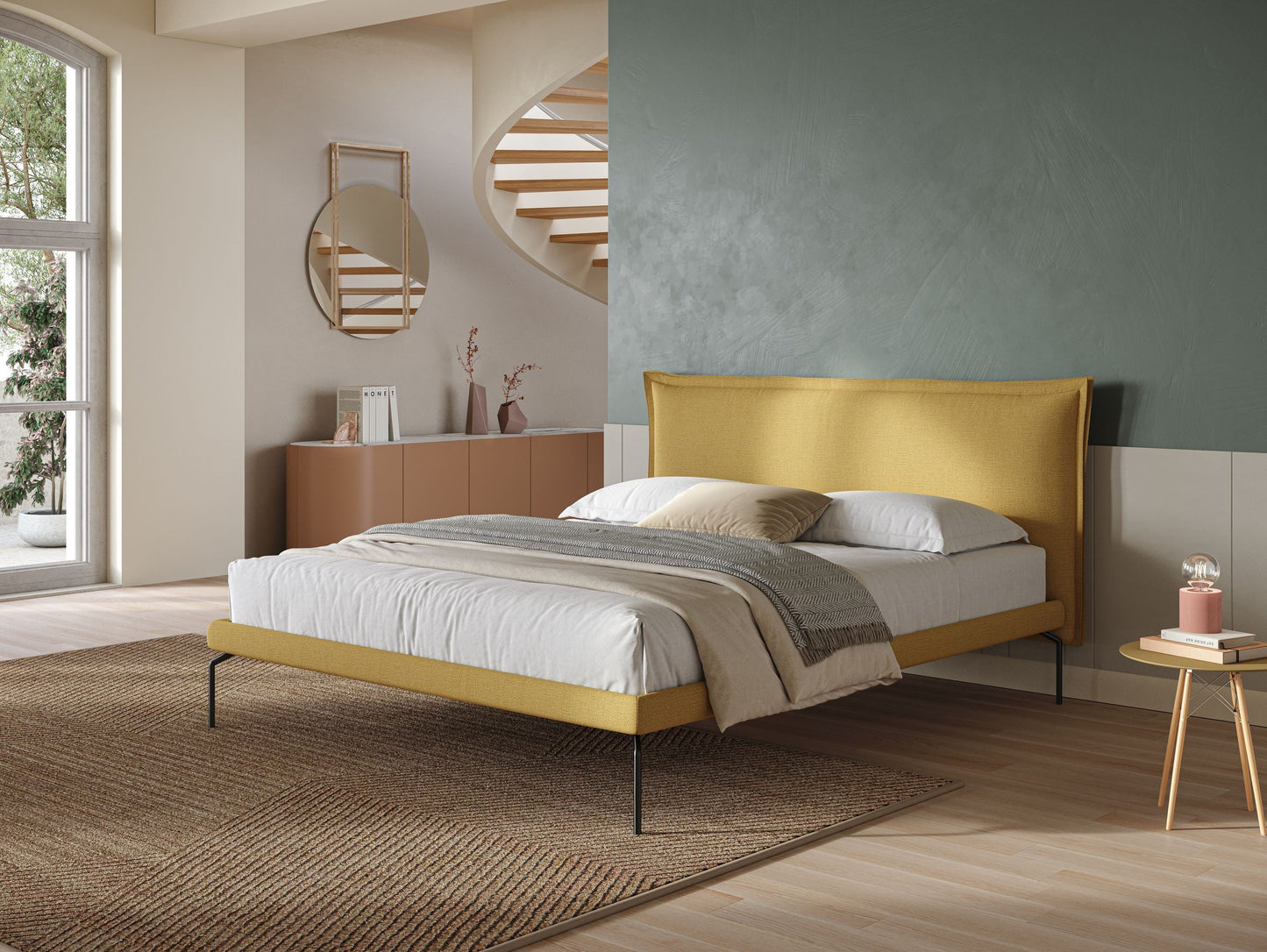 Eric letto imbottito design minimal in morbido tessuto impermeabile T14 giallo 