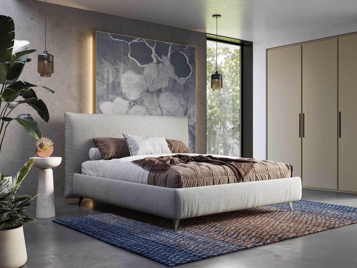 EROS letto imbottito in piuma con vano contenitore in pregiato e fresco bouclet smacchiabile T16 panna 