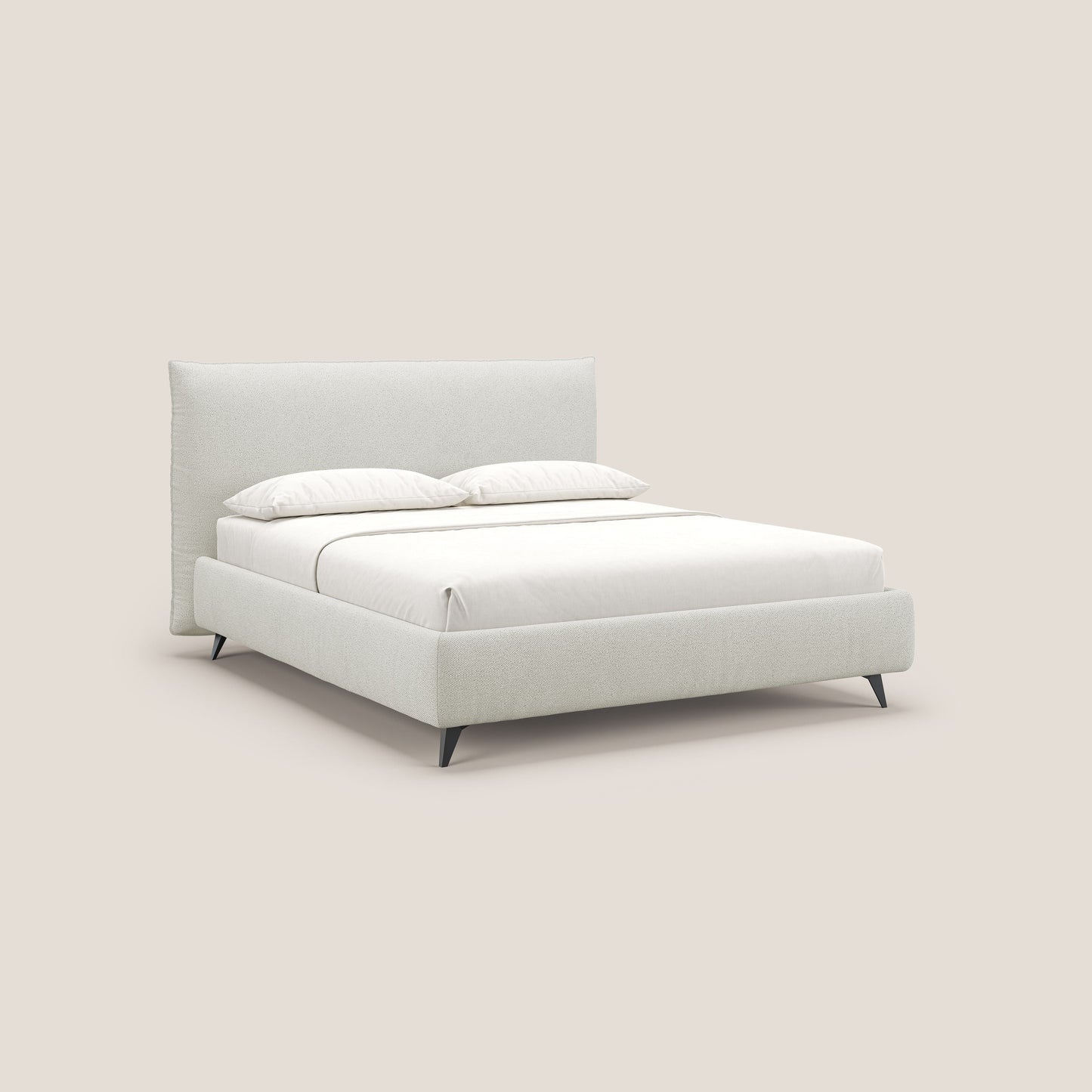 EROS letto imbottito in piuma con vano contenitore in pregiato e fresco bouclet smacchiabile T16 panna 