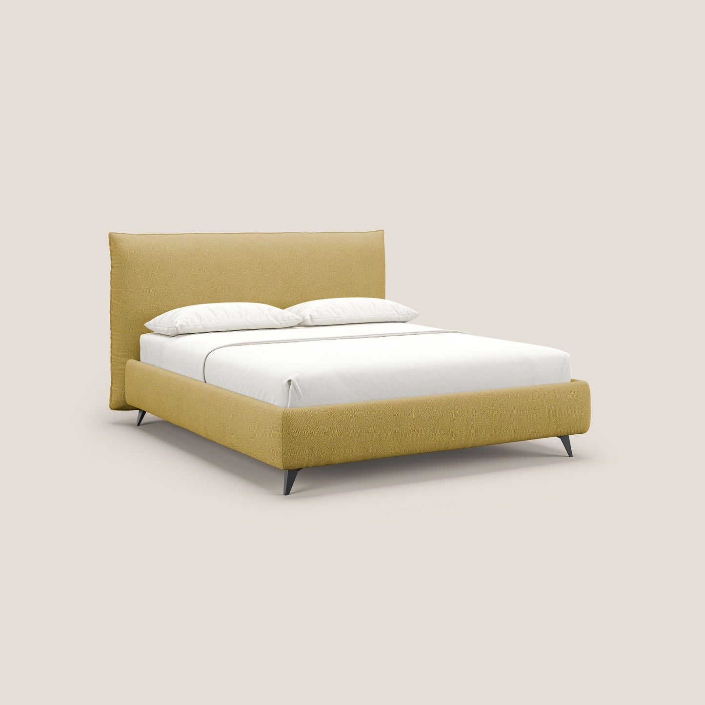 EROS letto imbottito in piuma con vano contenitore in pregiato e fresco bouclet smacchiabile T16 giallo 