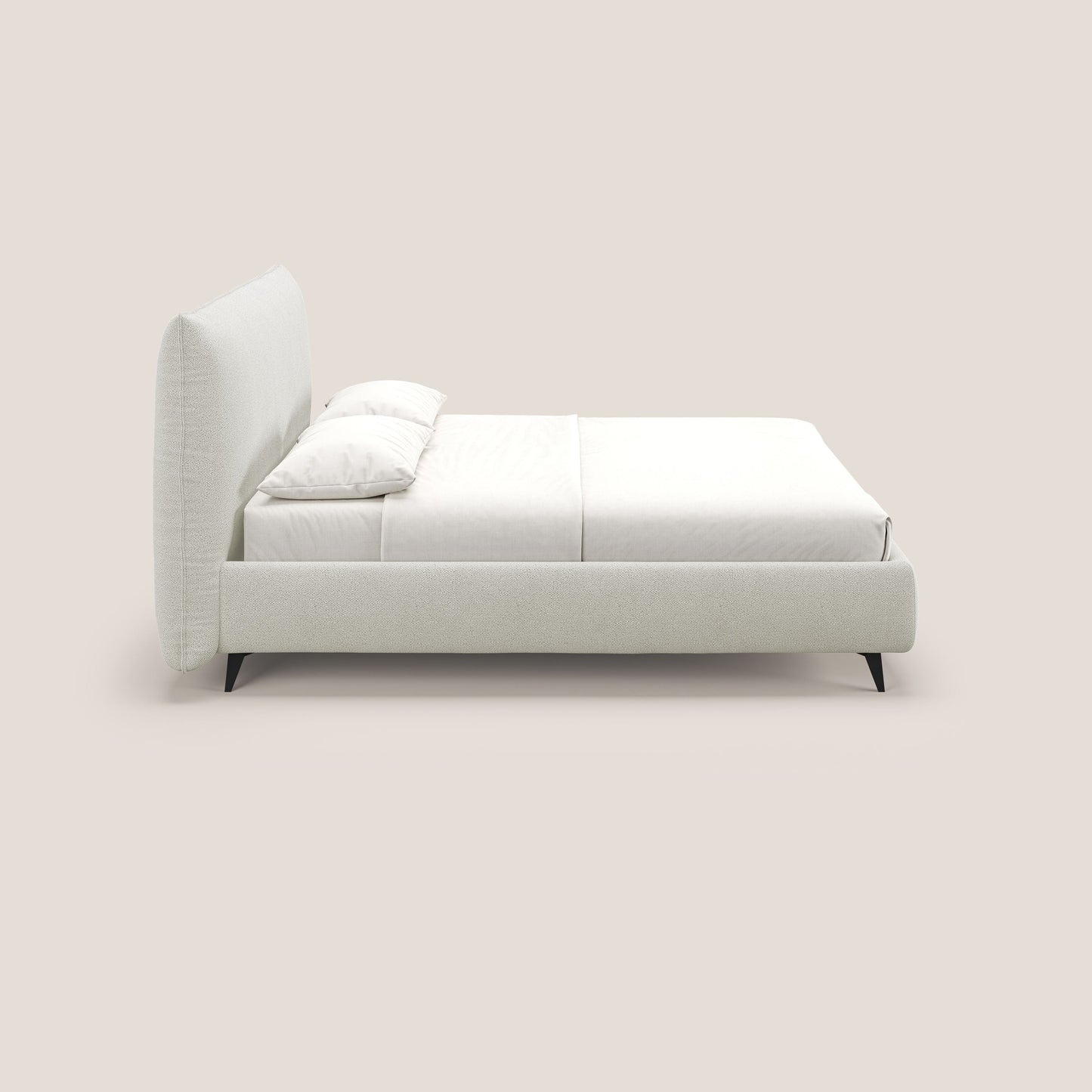 EROS letto imbottito in piuma con vano contenitore in pregiato e fresco bouclet smacchiabile T16 panna 