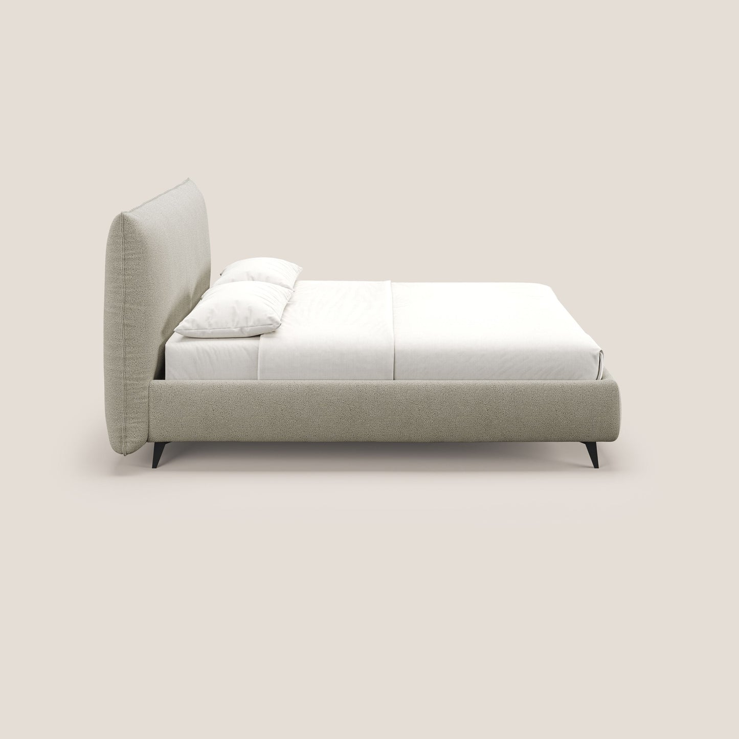 EROS letto imbottito in piuma con vano contenitore in pregiato e fresco bouclet smacchiabile T16 beige 
