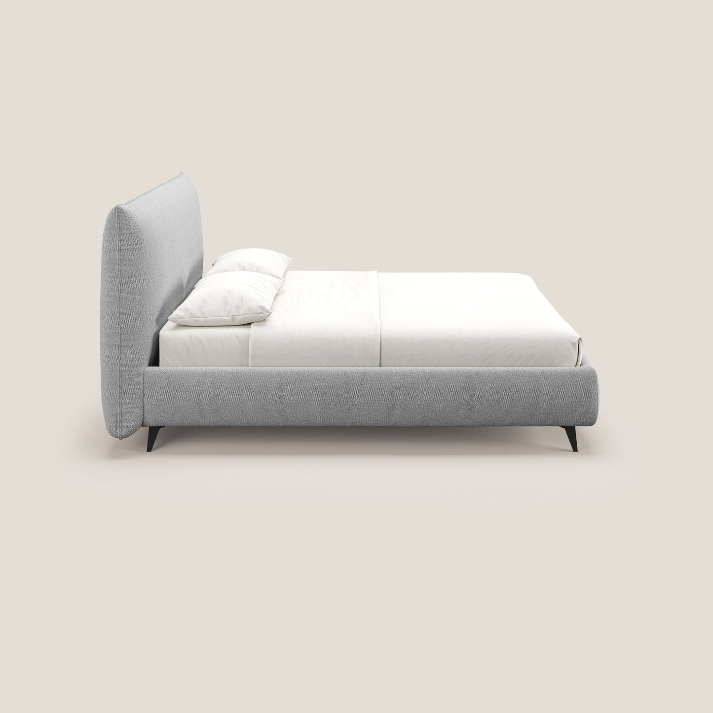 EROS letto imbottito in piuma con vano contenitore in pregiato e fresco bouclet smacchiabile T16 grigio 