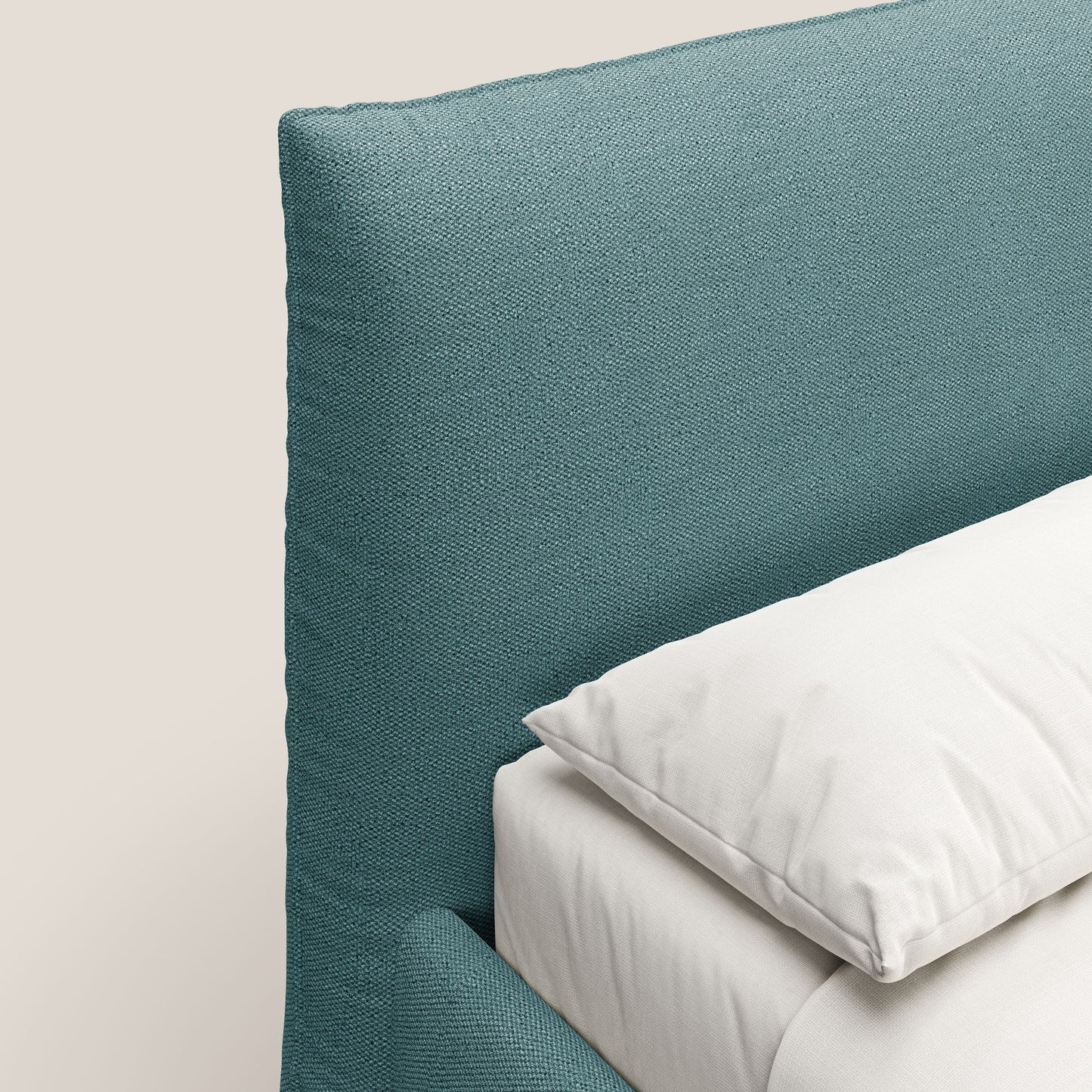 EROS letto imbottito in piuma con vano contenitore in pregiato e fresco bouclet smacchiabile T16 azzurro 
