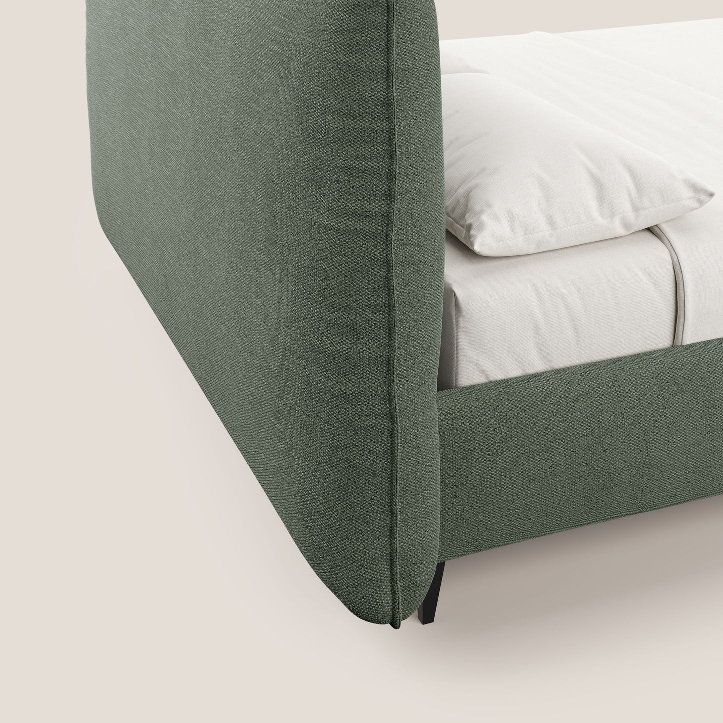 EROS letto imbottito in piuma con vano contenitore in pregiato e fresco bouclet smacchiabile T16 verde 