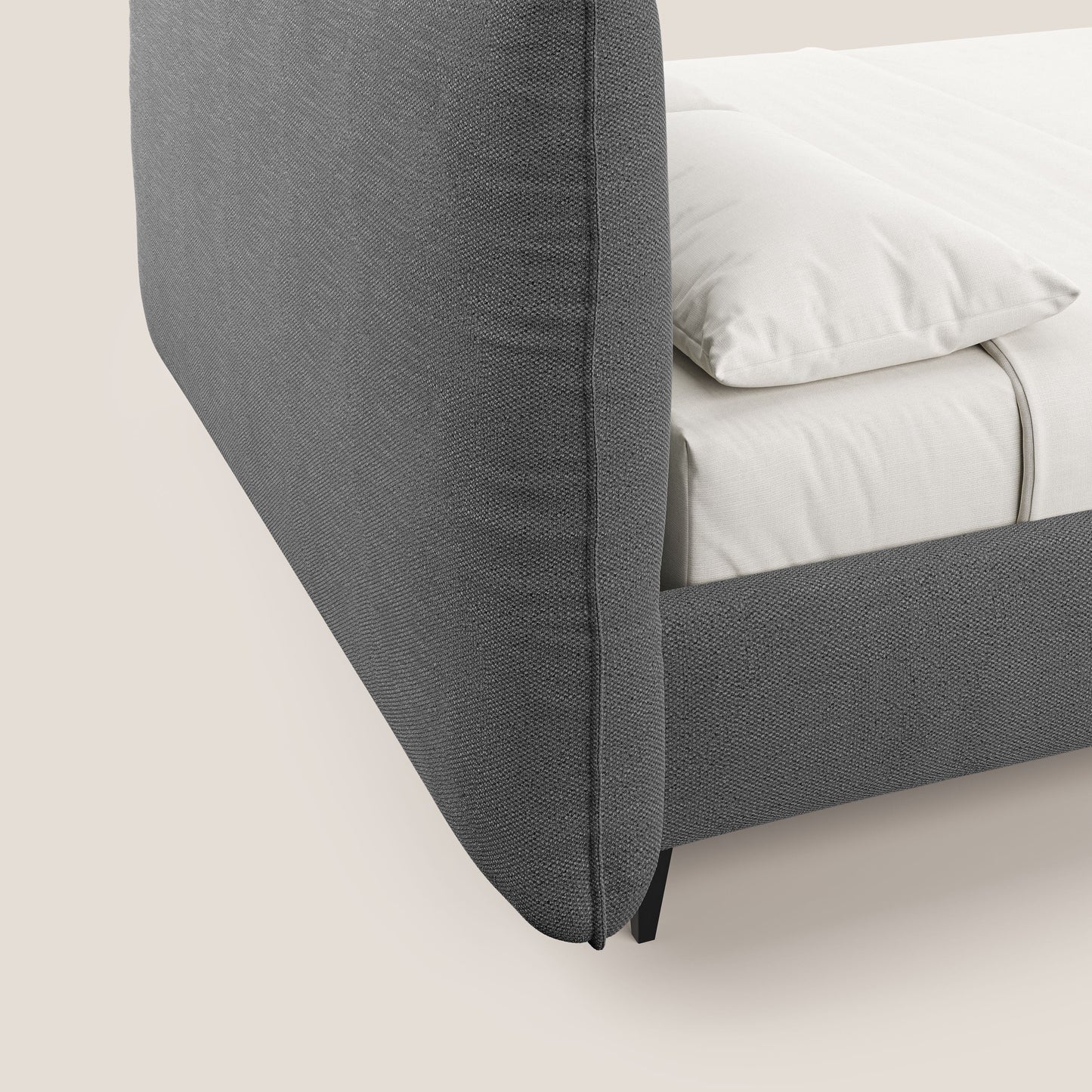 EROS letto imbottito in piuma con vano contenitore in pregiato e fresco bouclet smacchiabile T16 antracite 