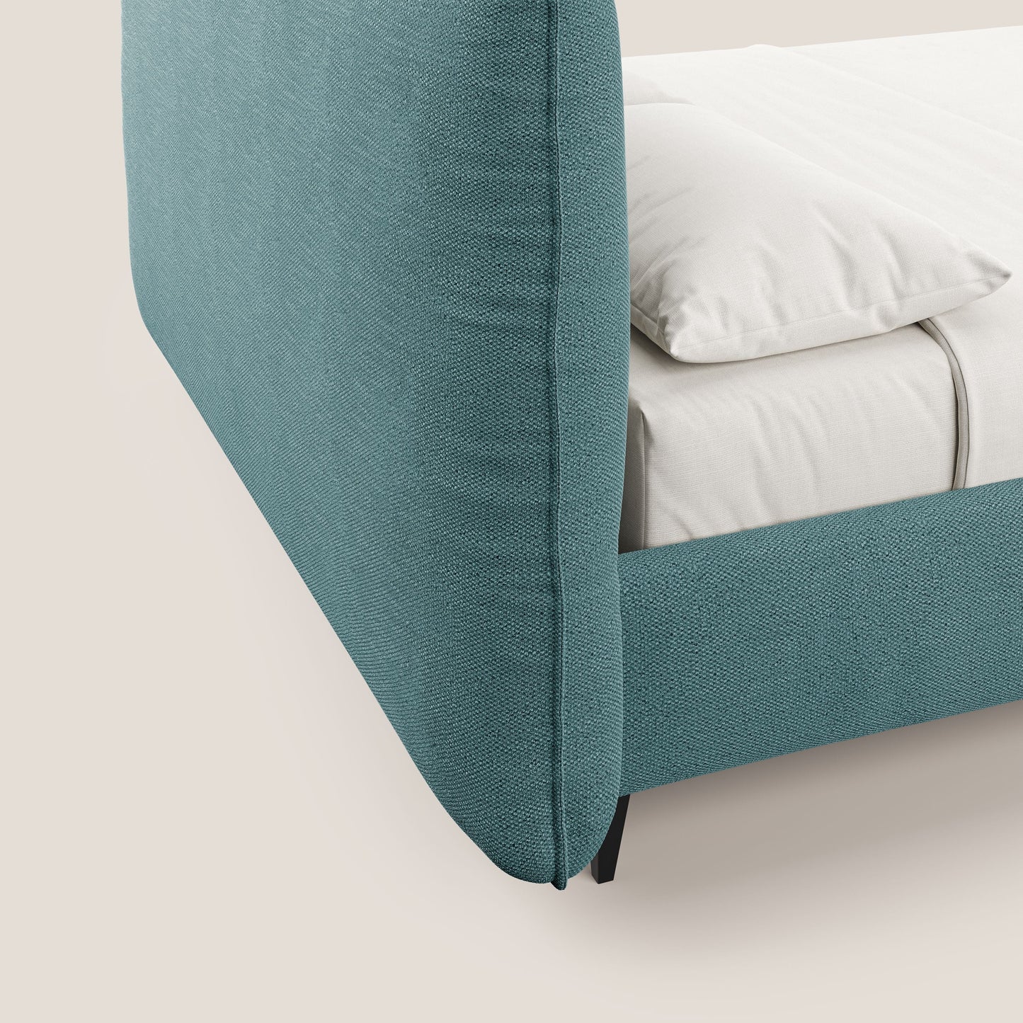 EROS letto imbottito in piuma con vano contenitore in pregiato e fresco bouclet smacchiabile T16 azzurro 