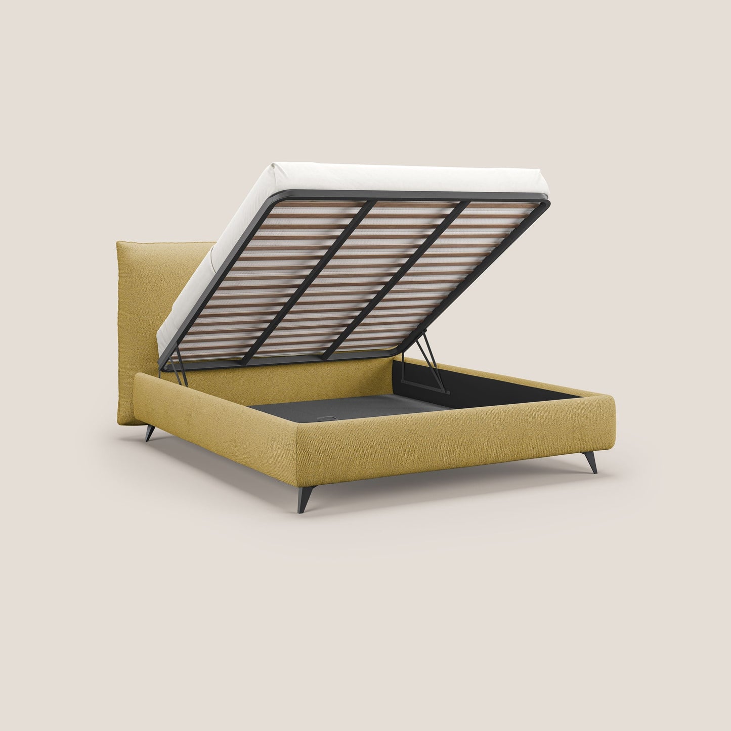 EROS letto imbottito in piuma con vano contenitore in pregiato e fresco bouclet smacchiabile T16 giallo 