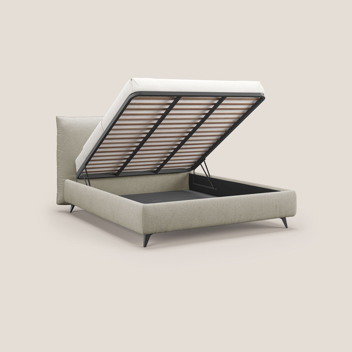EROS letto imbottito in piuma con vano contenitore in pregiato e fresco bouclet smacchiabile T16 beige 