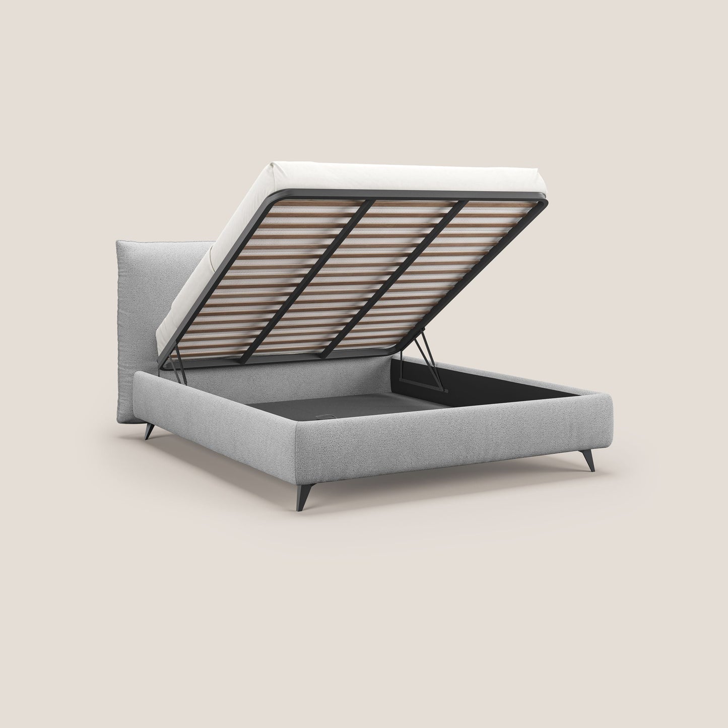 EROS letto imbottito in piuma con vano contenitore in pregiato e fresco bouclet smacchiabile T16 grigio 