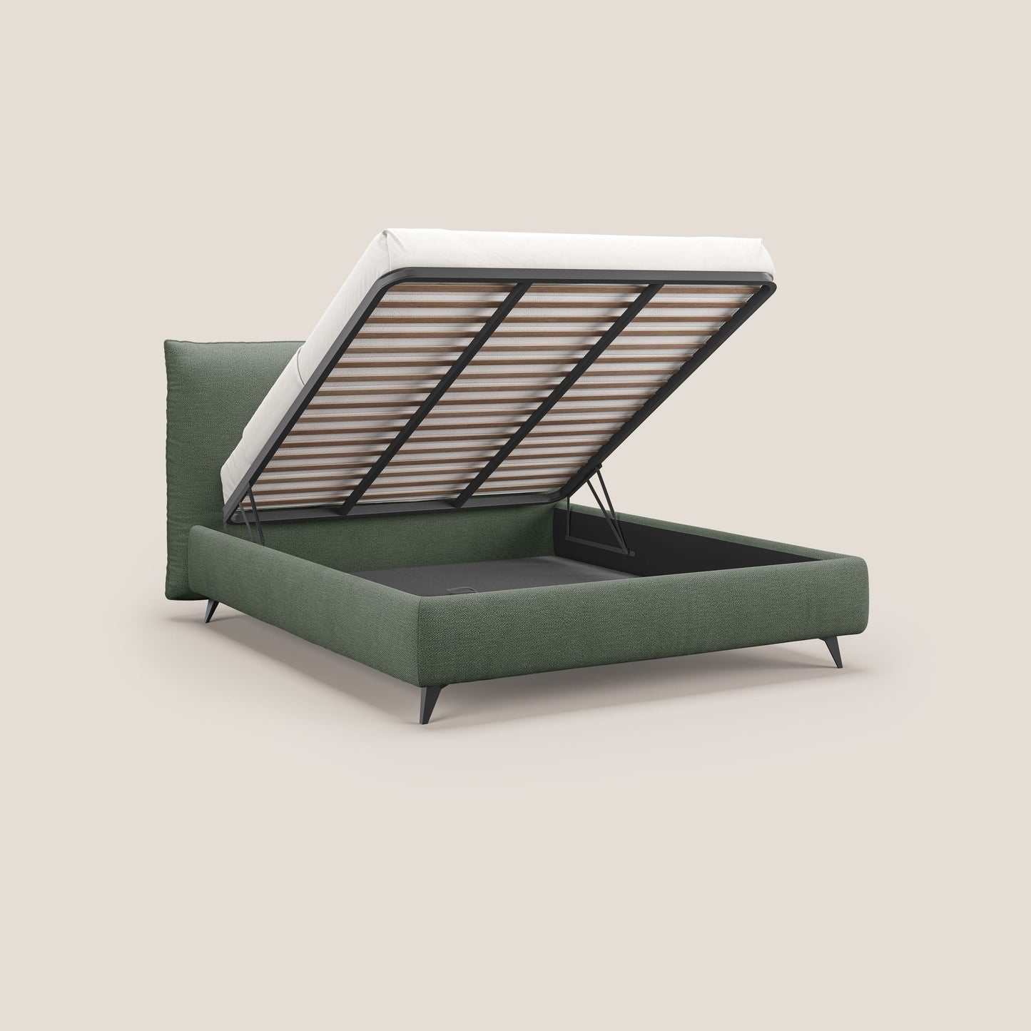 EROS letto imbottito in piuma con vano contenitore in pregiato e fresco bouclet smacchiabile T16 verde 