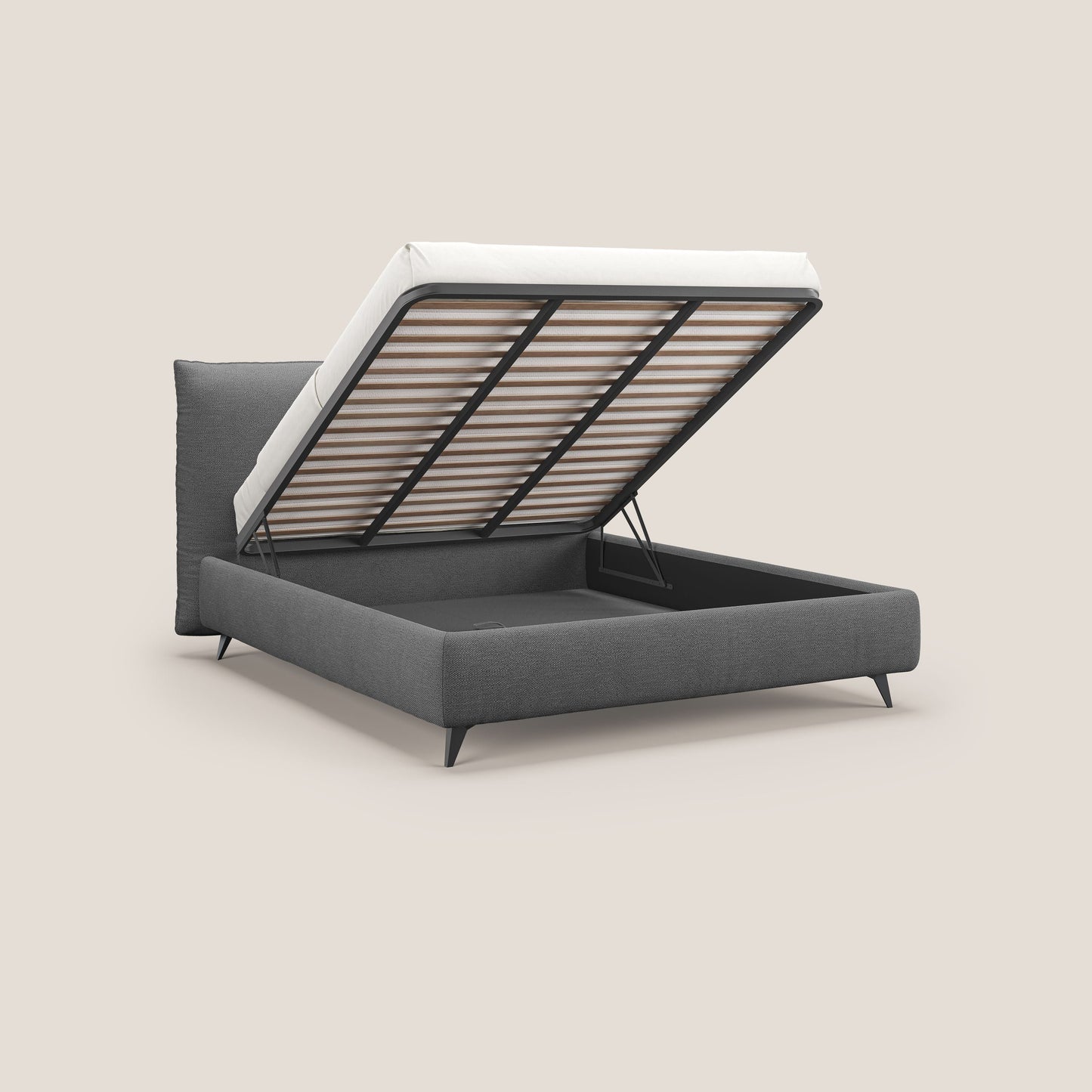 EROS letto imbottito in piuma con vano contenitore in pregiato e fresco bouclet smacchiabile T16 antracite 