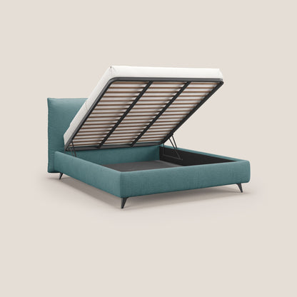 EROS letto imbottito in piuma con vano contenitore in pregiato e fresco bouclet smacchiabile T16 azzurro 
