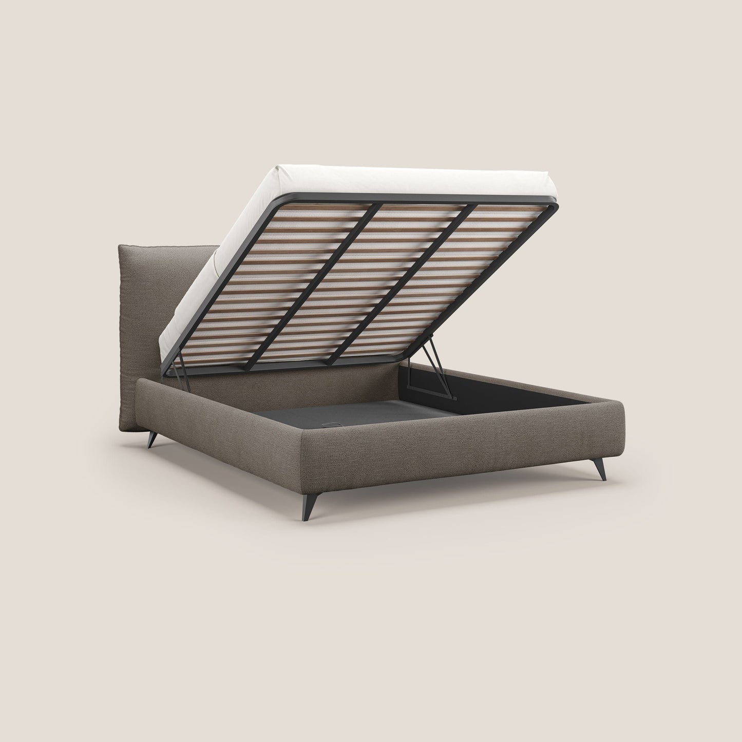 EROS letto imbottito in piuma con vano contenitore in pregiato e fresco bouclet smacchiabile T16 marrone 