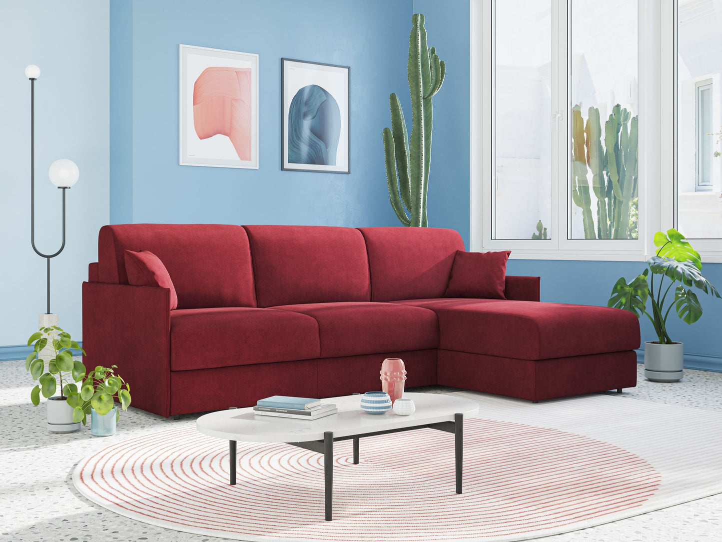 Evans Divano letto angolare con penisola in morbido tessuto impermeabile T02 rosso