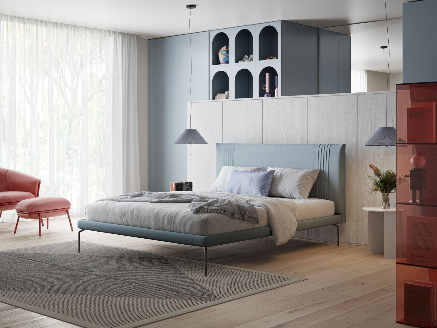 Finn letto imbottito con piedi alti in metallo in tessuto smacchiabile T05 carta da zucchero 