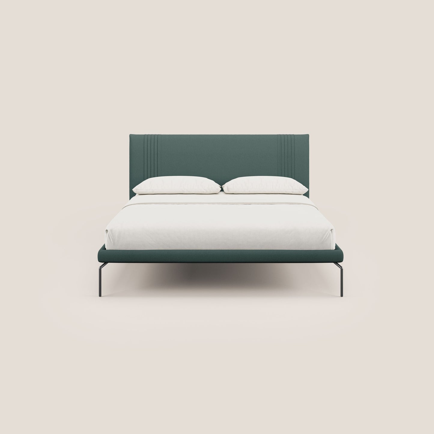 Finn letto imbottito con piedi alti in metallo in tessuto smacchiabile T05 verde 