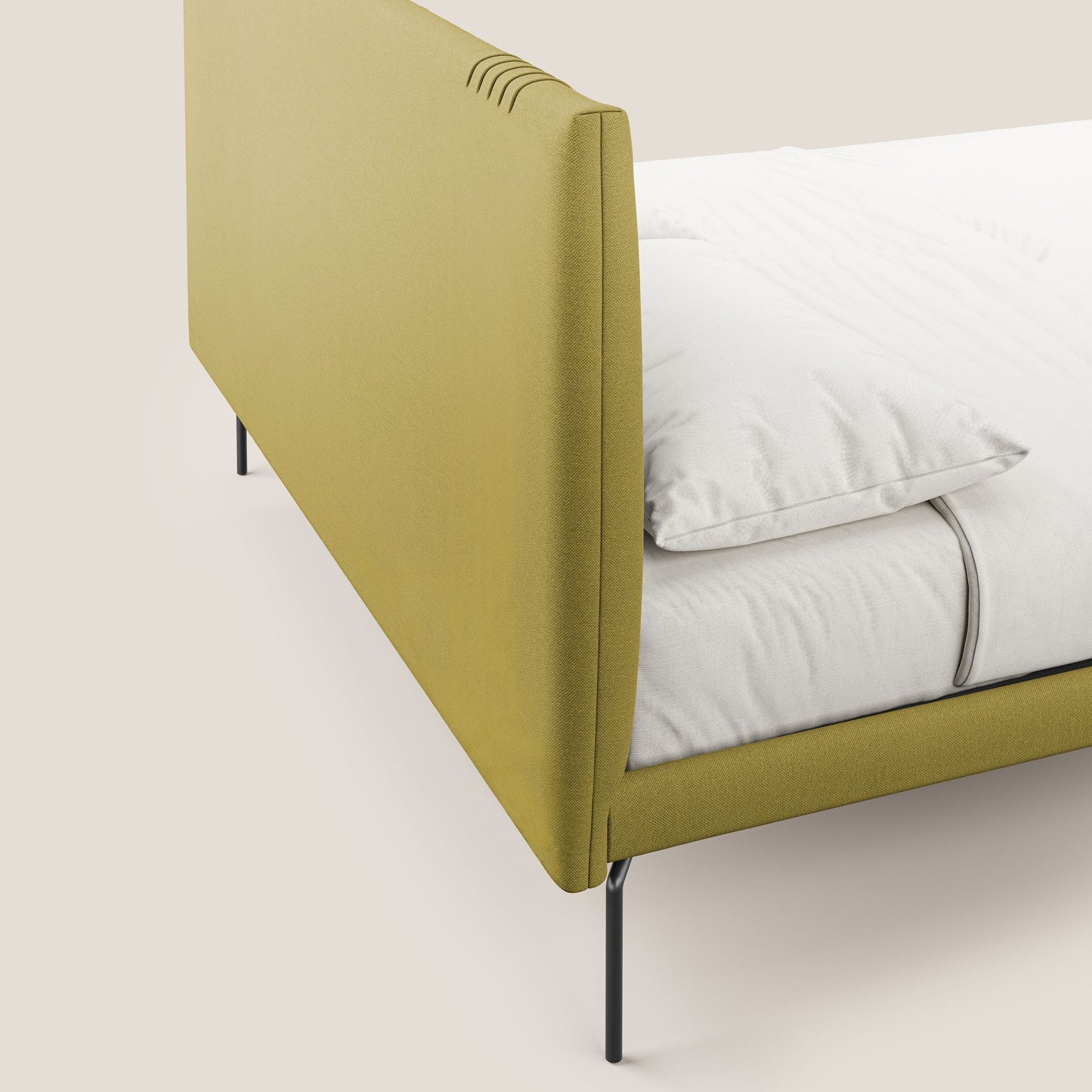 Finn letto imbottito con piedi alti in metallo in tessuto smacchiabile T05 giallo 