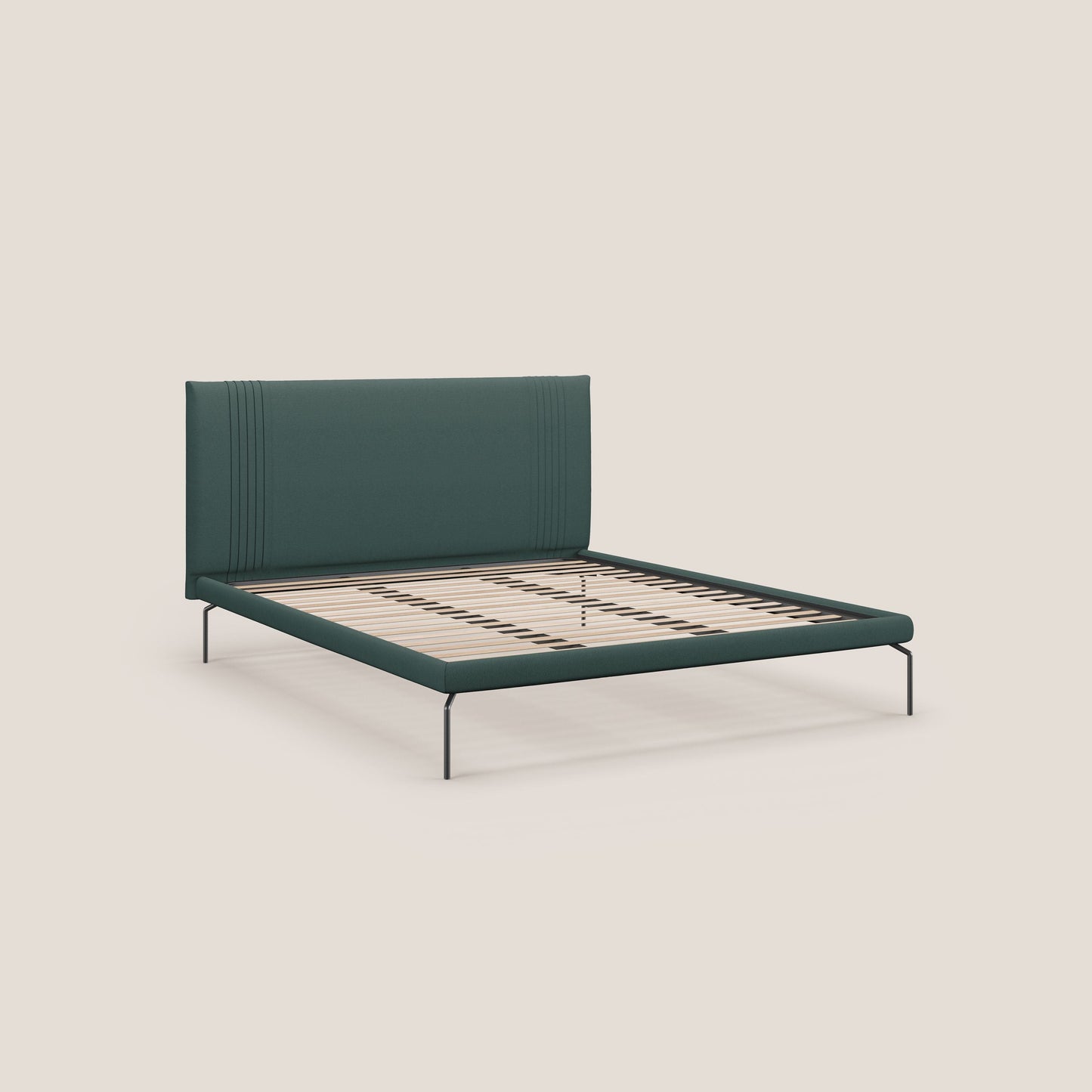 Finn letto imbottito con piedi alti in metallo in tessuto smacchiabile T05 verde 
