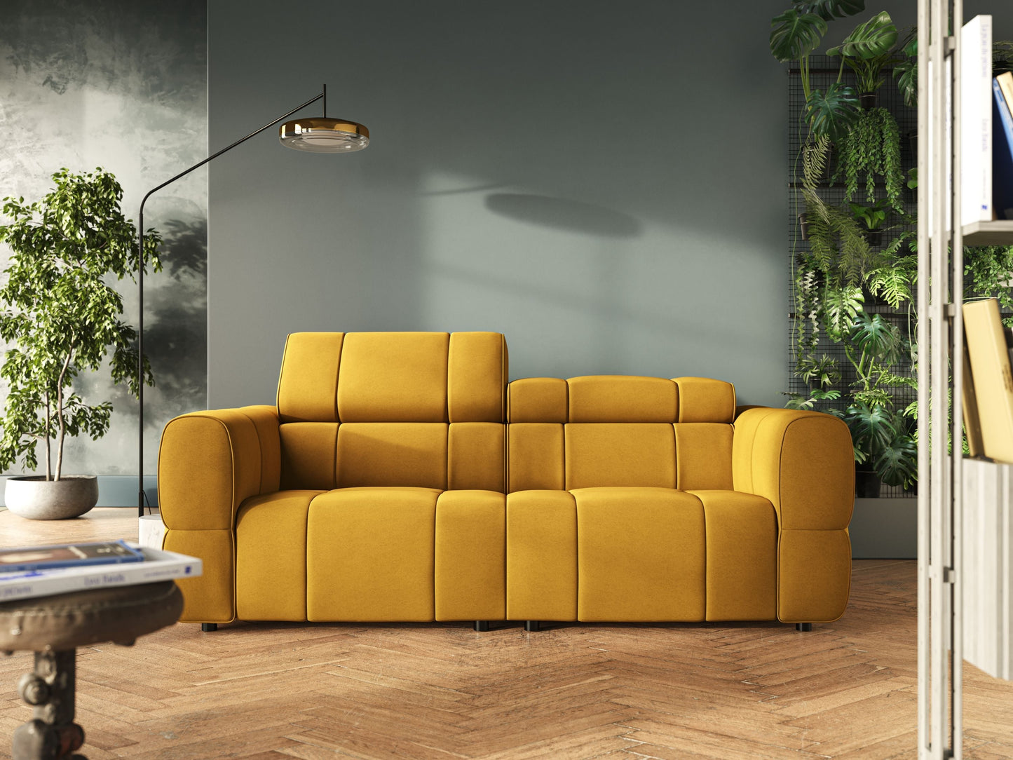 Giotto Divano modulare con opzione relax elettrico in microfibra effetto velluto impermeabile T09 giallo