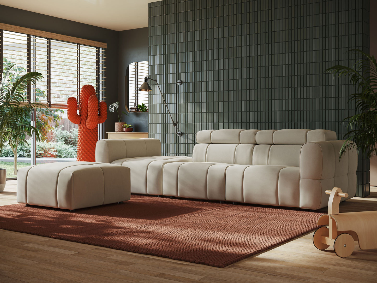 Giotto Divano con terminale e opzione relax elettrico in microfibra effetto velluto impermeabile T09 beige